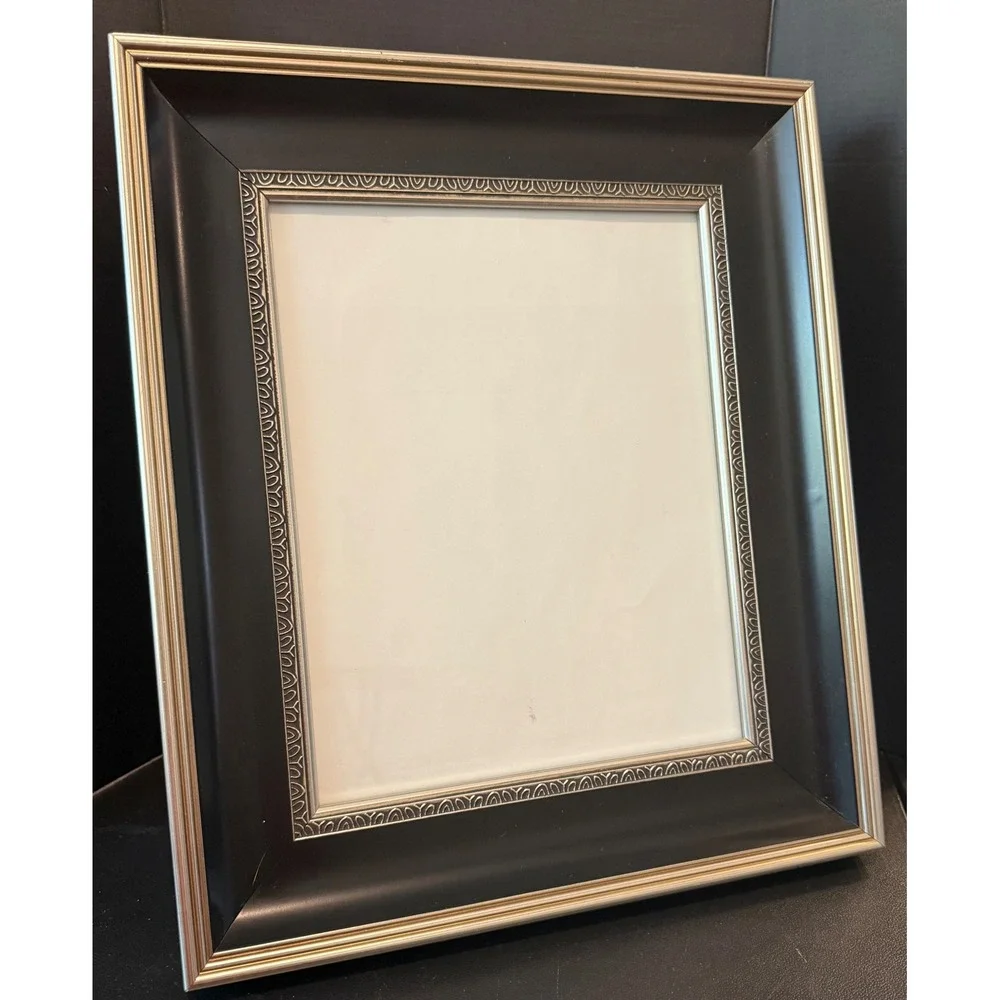 Elsa L. Inc. 8x10 Picture Frame Black Silver Beveled Ornate Trim Free Standing